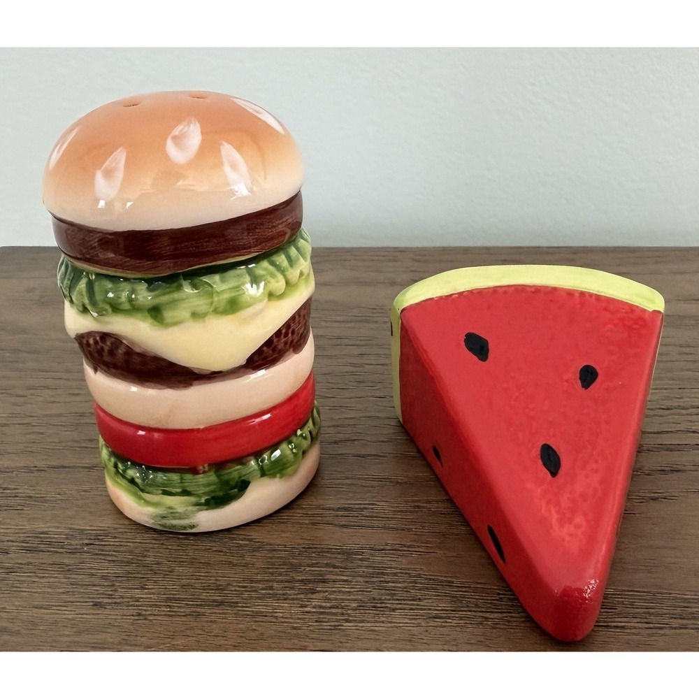 Vintage Hamburger Watermelon Salt Pepper Shakers Ceramic Novelty Food Set